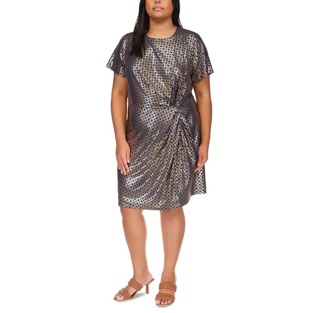 Michael Kors Womens Plus Size 2X Foil-Print Short-Sleeve Dress Midnight Blue NEW